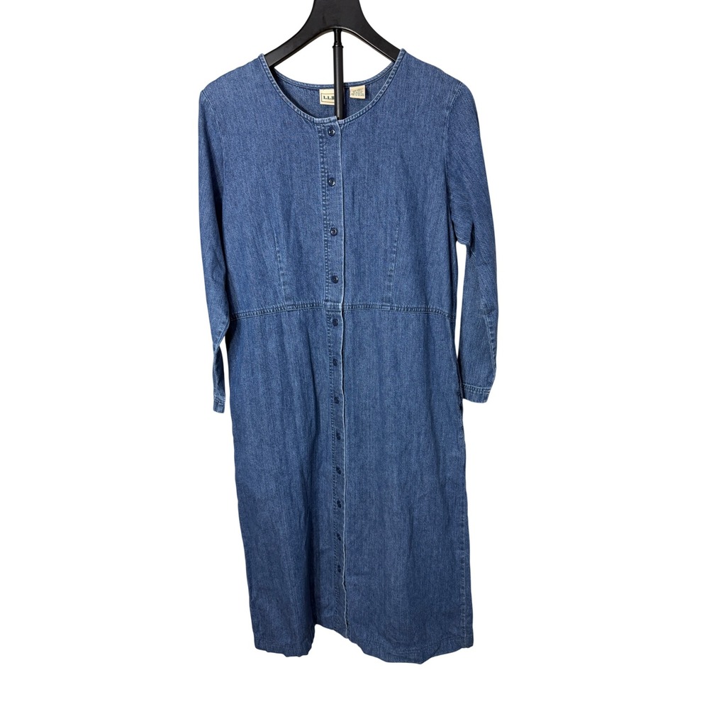 LL Bean Denim Maxi Dress Womens 12 Petite Blue Cotton‎ Button Front Pockets